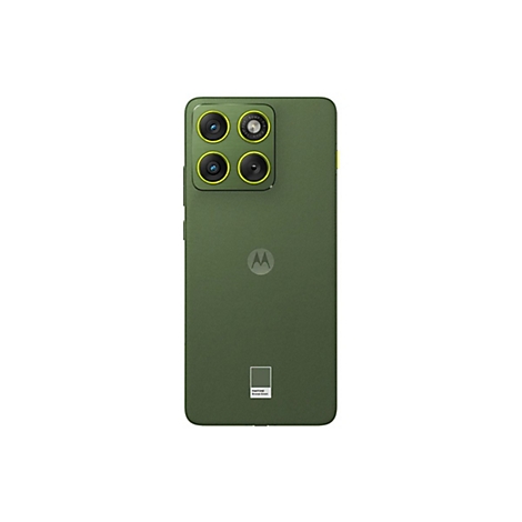 Rückseite eines olivgrünen Smartphones mit vier Kameras, gelben Rändern und Motorola-Logo.