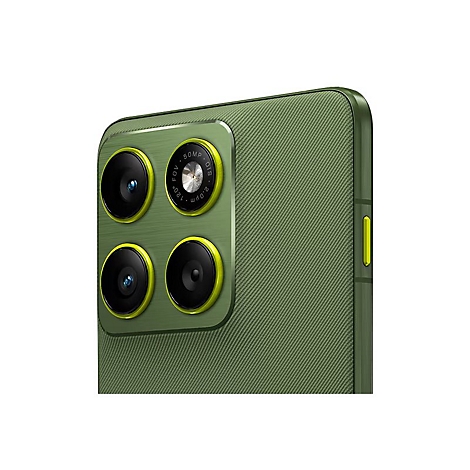 Nahaufnahme eines olivgrünen Smartphones mit vier Kameraobjektiven, gelb umrandet. Aufschrift auf den Linsen: 50MP, FOV 120, 2.0µm.