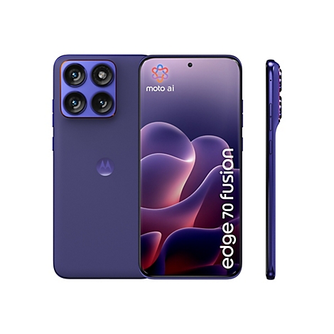 Dunkelblaues Smartphone, Seiten- und Frontansicht. Auf dem Display steht „edge 70 fusion“. Auf der Rückseite sind Kameraobjektive zu sehen.