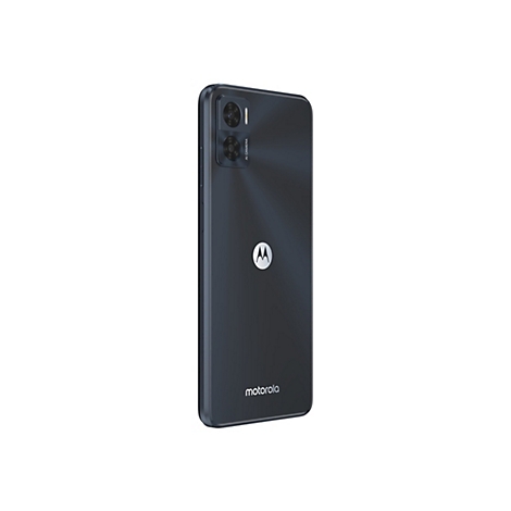 Dunkelgraues Smartphone mit Motorola-Logo und Dual-Kamera. Aufschrift: AI CAMERA.