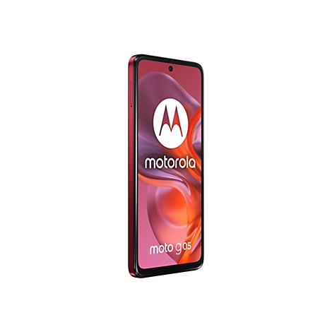 Motorola Moto g05 Smartphone, rot, Ansicht von vorne mit Logo und Schriftzug. Auf hellem Hintergrund.