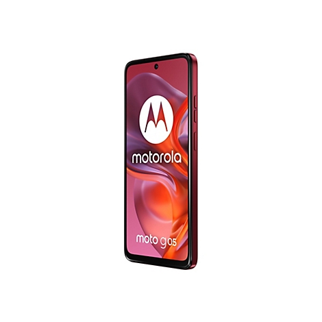 Motorola Moto g05 Smartphone, Rot. Auf dem Display das Motorola-Logo und Schriftzug, sowie der Produktname. Auf weissem Hintergrund.