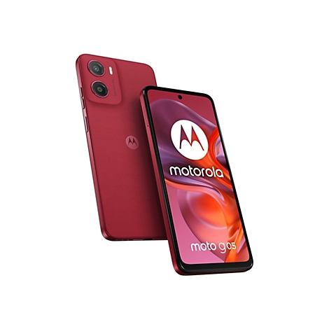 Zwei rote Smartphones, eines liegt, eines steht. Auf dem Bildschirm ist das Motorola-Logo zu sehen, daneben steht moto g05.