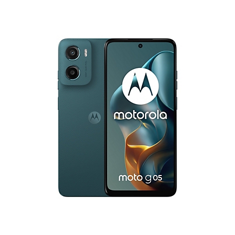Ein grünes Motorola Moto G05 Smartphone wird vor weißem Hintergrund präsentiert. Das Display zeigt das Motorola-Logo und den Schriftzug Moto G05.