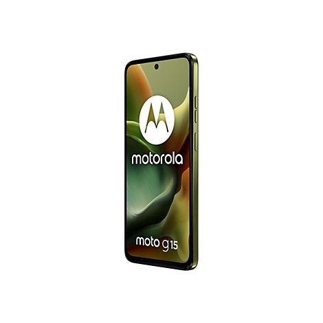 Motorola Moto G15 Smartphone in Grün, leicht perspektivisch, vor weißem Hintergrund.