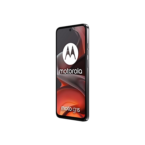Ein schwarzes Motorola Moto g15 Smartphone, das aufrecht auf weißem Hintergrund steht. Das Display zeigt das Motorola Logo und Schriftzüge.