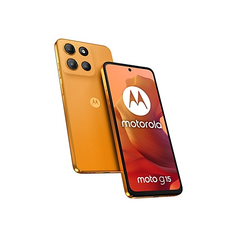 Zwei orangefarbene Smartphones, eines mit Display, das andere mit Rückseite, auf weißem Hintergrund.