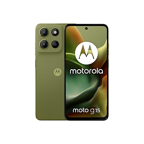 Ein grünes Motorola Moto G15 Smartphone, auf weißem Hintergrund. Das Display zeigt das Motorola-Logo und den Schriftzug „moto g15“. Rückseite mit Kamera.