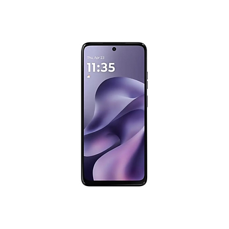 Schwarzes Smartphone mit purpurfarbenem Hintergrund, Uhrzeit 11:35 Uhr.