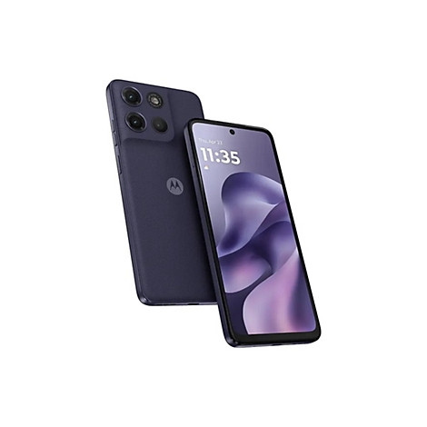 Zwei blaue Smartphones, eines mit Bildschirm, Datum 23. April, 11:35 Uhr. Rückseite mit Kameras, Motorola-Logo.