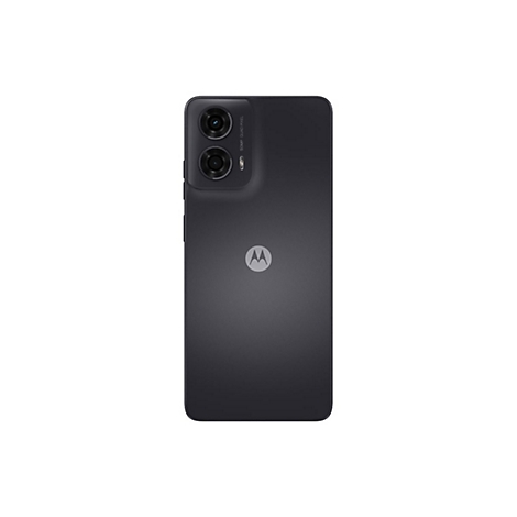 Dunkelgraues Smartphone mit doppeltem Kamera-Modul, Motorola-Logo, im Hochformat.