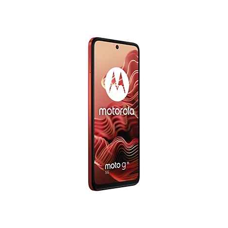 Rotes Motorola Moto g35 Smartphone, Display mit Logo und Schriftzug, roter Hintergrund.