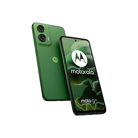 Zwei grüne Smartphones: Eines ist leicht geneigt, das andere steht aufrecht. Beide zeigen das Motorola-Logo und den Schriftzug "moto g35 5G".