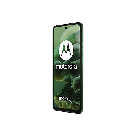 Ein Smartphone Motorola Moto g³⁵ 5G, grün umrandet, mit einem grünen Hintergrund.