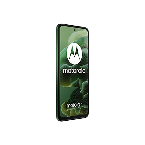 Grünes Smartphone von Motorola. Auf dem Bildschirm ist das Motorola-Logo zu sehen, mit dem Schriftzug "motorola" darunter. Auf der rechten Seite steht "moto g35 5G".