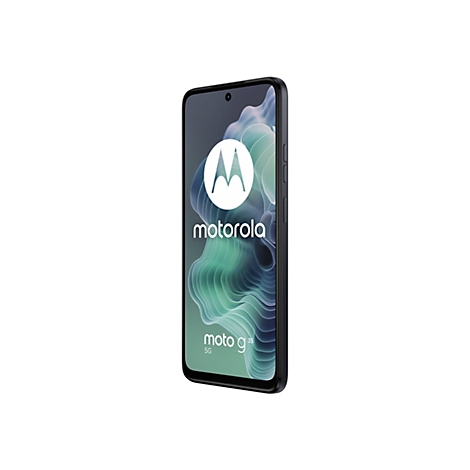 Ein schwarzes Motorola Moto g35 5G Smartphone auf weißem Hintergrund. Das Display zeigt das Motorola-Logo und Wellenmuster. 