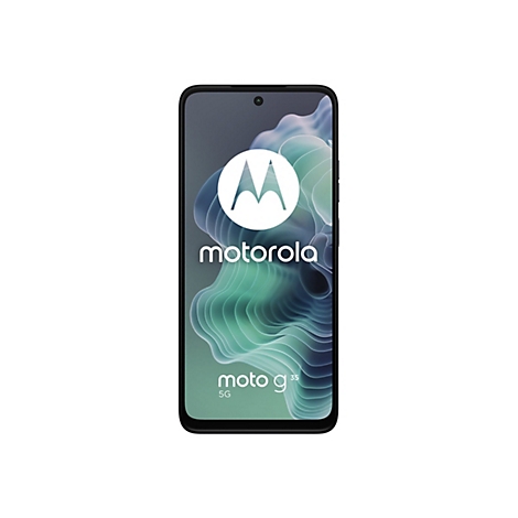 Ein schwarzes Motorola Moto G35 5G Smartphone. Auf dem Bildschirm sind das Motorola-Logo und die Bezeichnung Moto G35 5G zu sehen.