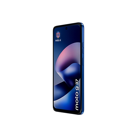 Blaues Motorola Smartphone im Querformat, Bildschirm zeigt moto ai Logo und Schriftzug moto g 37.
