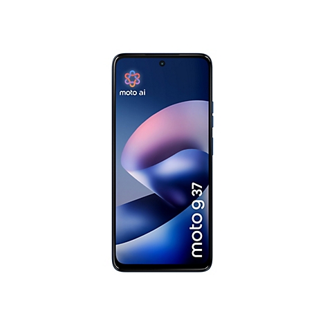 Frontansicht des Smartphones Motorola moto g37 mit abstraktem blauem Displayhintergrund und Moto AI Logo.