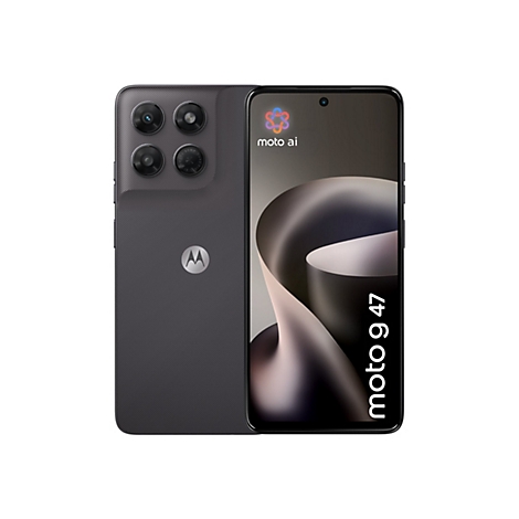 Dunkelgraues Motorola moto g 47 Smartphone. Vorderansicht mit Display und Rückansicht mit quadratischem Kameramodul.