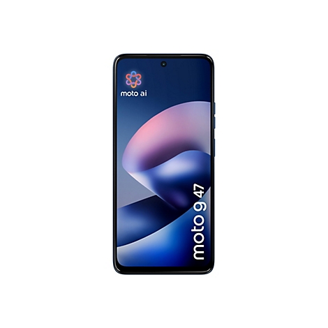 Smartphone Moto g 47 vor weißem Hintergrund mit Moto ai Logo und abstraktem blau-violettem Displaydesign.