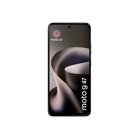 Schwarzes Smartphone Moto g 47 vor weißem Hintergrund mit Moto AI Logo und abstraktem Display-Design.