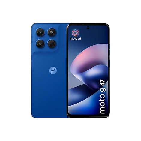 Blaues Motorola Moto g47 Smartphone von vorne und hinten vor weißem Hintergrund.
