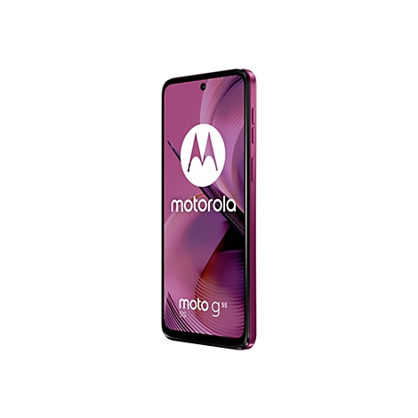 Ein lila Motorola Moto G55 Smartphone, Ansicht von vorne, auf weißem Hintergrund. Das Display zeigt das Motorola-Logo und Wellenmuster.