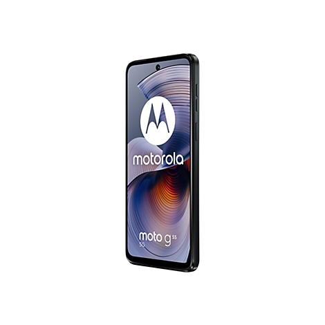 Schwarzes Smartphone mit Motorola-Logo und dem Schriftzug "moto g55 5G" auf dem Bildschirm.