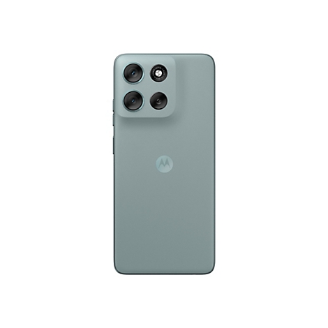 Rückseite eines hellgrauen Smartphones mit vier Kameras und Motorola-Logo.