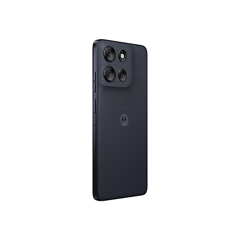 Rückseite eines schwarzen Motorola-Smartphones mit strukturierter Oberfläche und markantem Kamera-Modul.