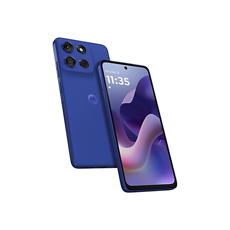 Zwei blaue Smartphones, eines mit Display, das andere mit Kamera, vor weißem Hintergrund. Datum und Uhrzeit auf dem Bildschirm.