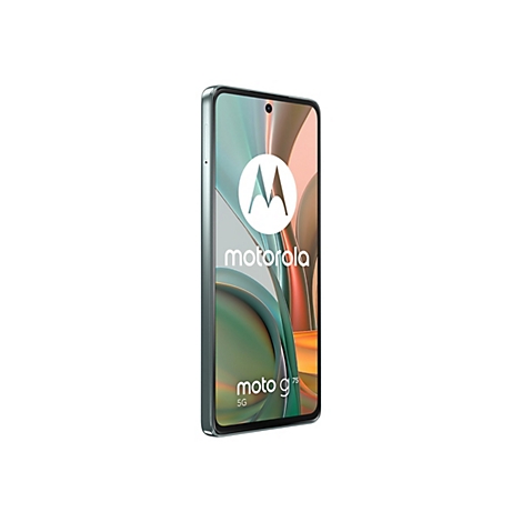 Hellgrünes Motorola-Smartphone. Auf dem Bildschirm sind ein Logo und Schriftzüge zu sehen. Das Handy steht vor weißem Hintergrund.