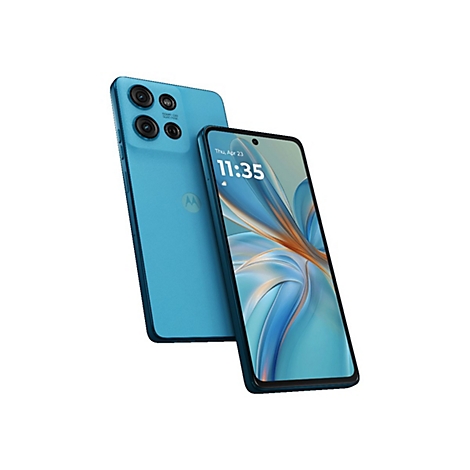 Zwei blaue Smartphones, eines mit Bildschirm, Datum und Uhrzeit, das andere mit Kameraobjektiven.