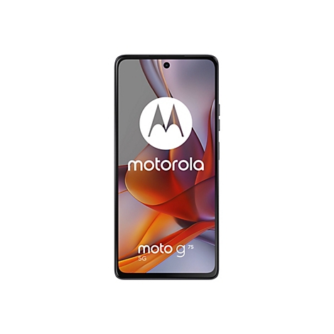 Schwarzes Motorola Moto G 75 5G Smartphone, das vor einem weißen Hintergrund präsentiert wird. Auf dem Bildschirm sind das Motorola-Logo und das Moto G-Logo zu sehen.