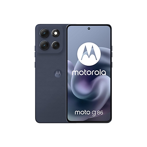 Dunkelblaues Smartphone mit Kamera-Modulen. Auf dem Display: Logo und Schriftzug Motorola, sowie "moto g 86".