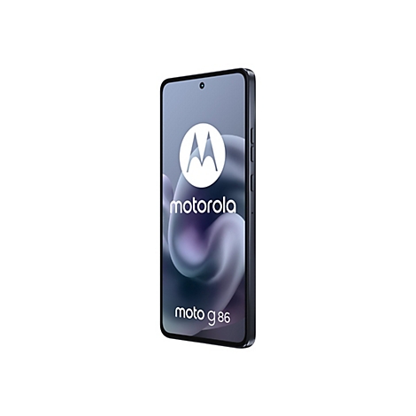 Ein schwarzes Smartphone auf weißem Hintergrund. Auf dem Display das Motorola-Logo und Schriftzug Moto g86.