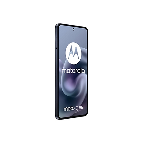 Ein schwarzes Smartphone mit dem Motorola-Logo und der Aufschrift "moto g86" auf dem Bildschirm.