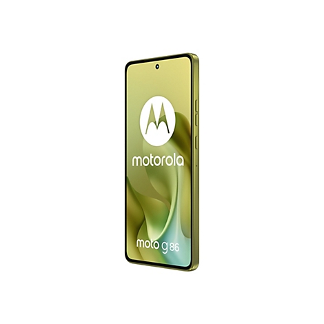Hellgrünes Smartphone, Display zeigt das Motorola-Logo und die Aufschrift moto g86.