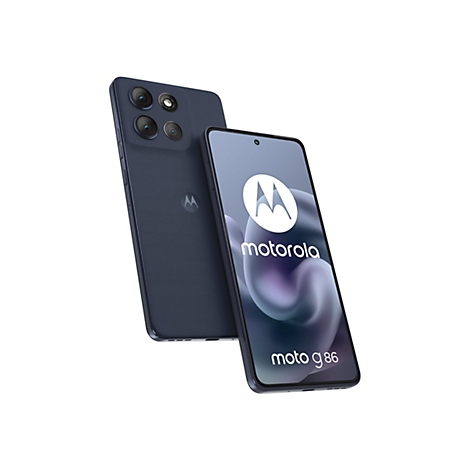 Zwei blaue Smartphones, eines mit Display, das andere mit Rückseite gezeigt. Auf dem Display: Logo und Schriftzug Motorola moto g86.