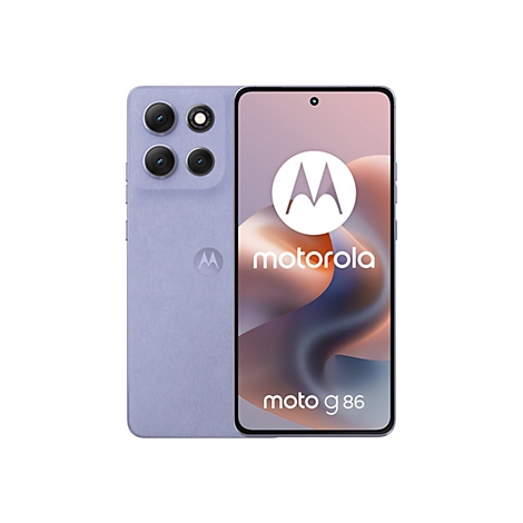Hellblaues Motorola Smartphone, Vorderseite mit Logo und Schriftzug, Rückseite mit Kamera und Blitz.
