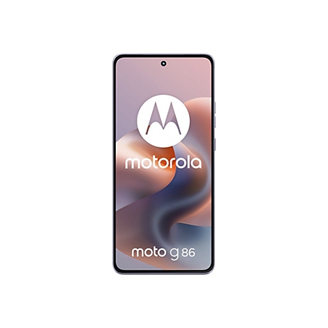 Smartphone Motorola Moto g86, Vorderseite. Das Display zeigt das Motorola-Logo und den Schriftzug 'moto g 86'.