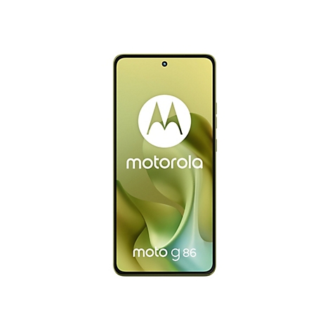 Smartphone Motorola Moto G86. Bildschirm mit Logo und Schriftzug 'motorola' und 'moto g 86'. Auf weißem Hintergrund.