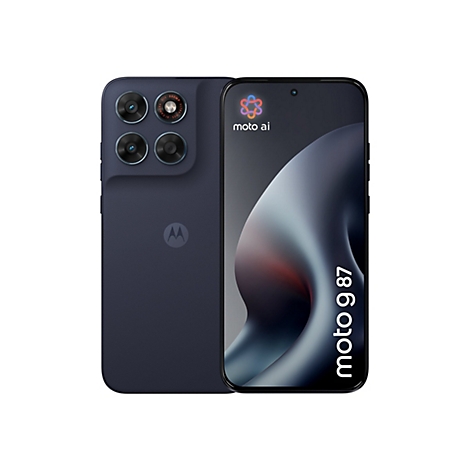 Dunkelblaues Motorola Smartphone mit Quad-Kamera-System und moto ai Logo auf dem Display.