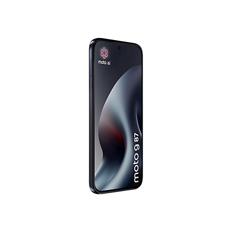 Dunkles Motorola Smartphone in Schrägansicht mit 'moto ai' Logo und 'moto g 87' Schriftzug auf dem Display.