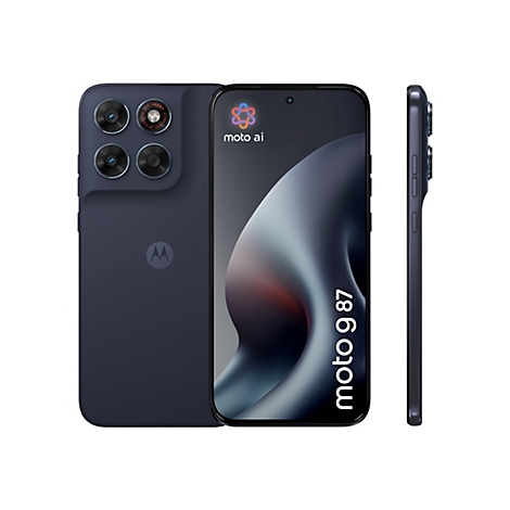 Dunkelblaues Motorola Smartphone von vorne, hinten und der Seite mit 'moto ai' Logo auf dem Bildschirm.