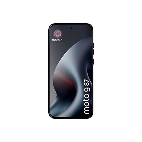 Schwarzes Motorola Smartphone mit moto ai Logo und Schriftzug moto g 87 auf dem Display vor weißem Hintergrund.