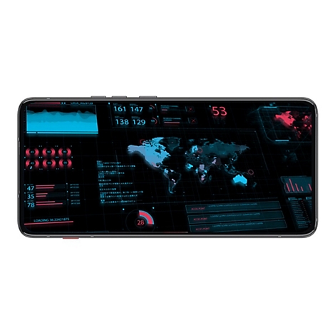 Smartphone zeigt eine grafische Darstellung von Daten, Weltkarte, Zahlen und Text in Blau und Rot. Der Bildschirm ist schwarz.