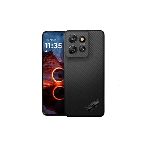 Schwarzes Smartphone mit Datum und Uhrzeit auf dem Bildschirm. Rückseite mit Kameras und ThinkPhone-Logo.