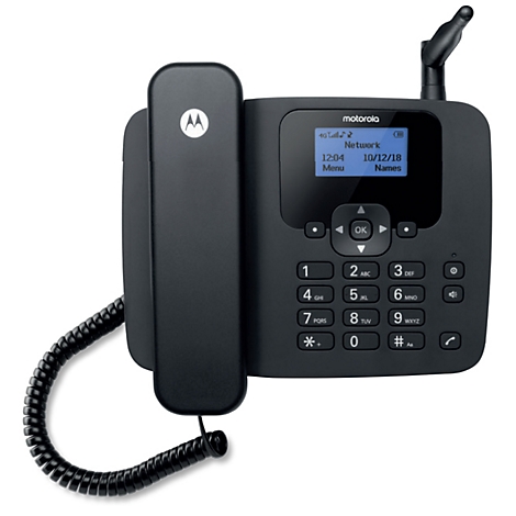 Schwarzes Motorola Schnurtelefon mit beleuchtetem Display, Tastenfeld und Hörer vor weißem Hintergrund.